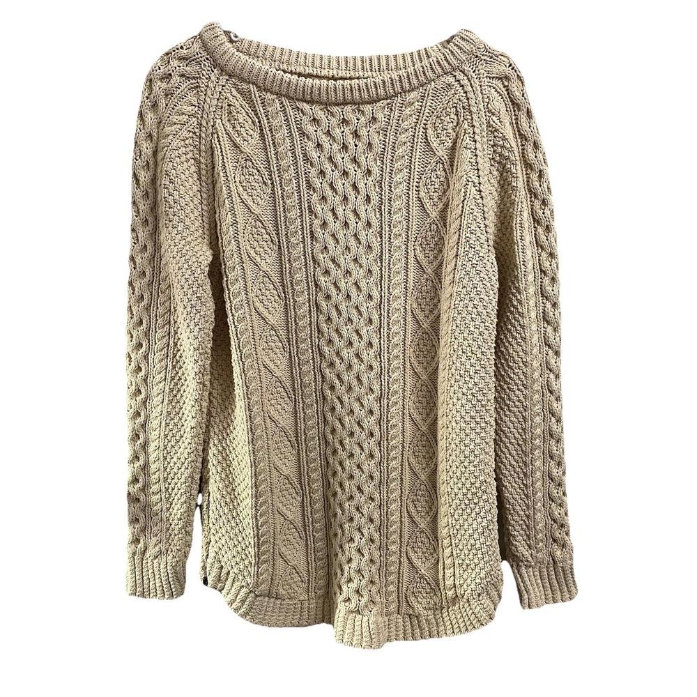 LL Bean Fisherman Womens Cable Knit Sweater Beige Cotton Heavy Side-zip Sz. M